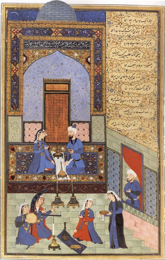 Ali She Nawat Prince Bahram-i-Gor,dressed in blue,listen to the tale of the Princess of the Blue Pavilion